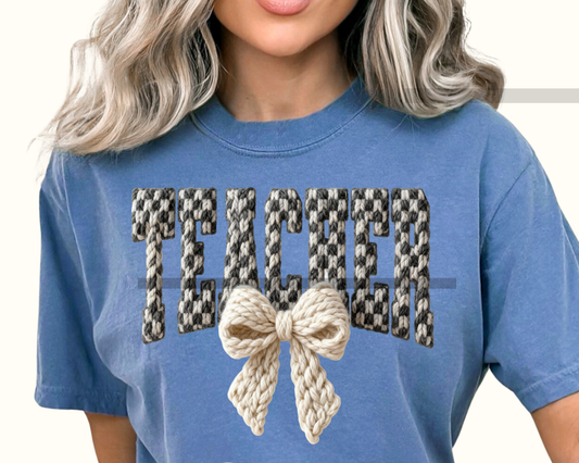 Teacher with Bow Faux Yarn DTF TRANSFER or UV DTF STICKER DECAL