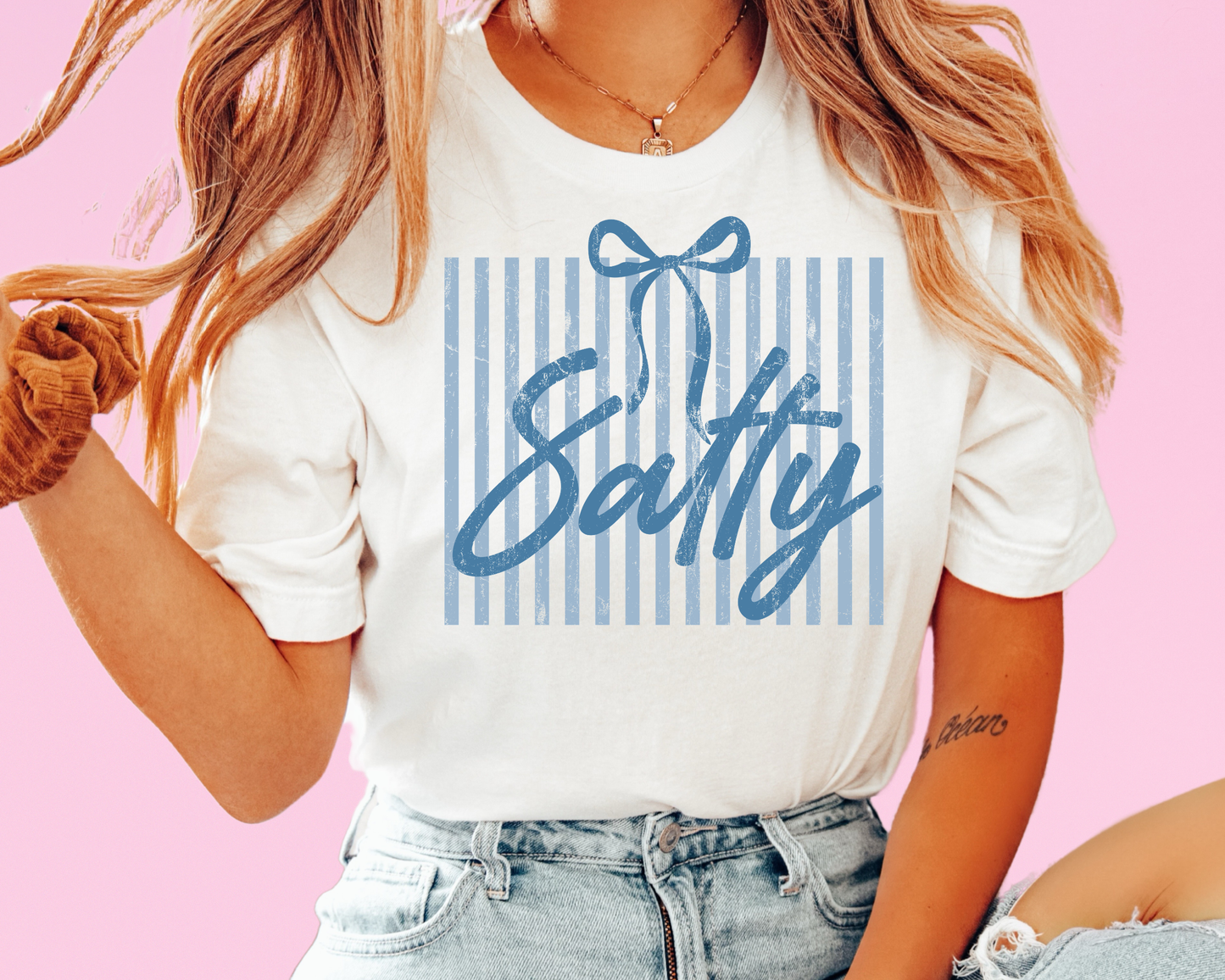 Salty with Bow and Stripes Blue DTF TRANSFER or UV DTF STICKER