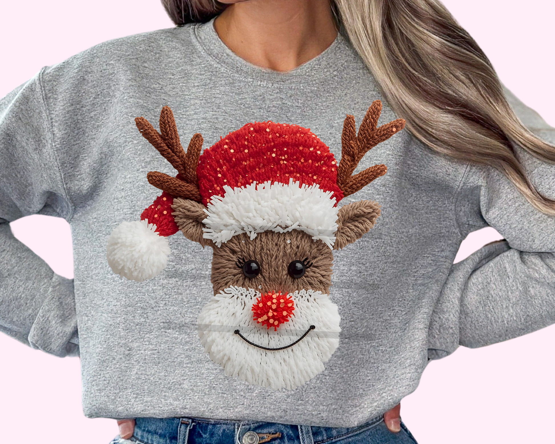 Faux Yarn Reindeer with Santa Hat Christmas DTF TRANSFER