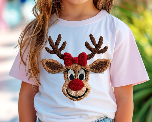 Faux Yarn Girl Reindeer with Bow Christmas DTF TRANSFER or UV DTF STICKER