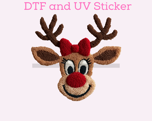 Faux Yarn Girl Reindeer with Bow Christmas DTF TRANSFER or UV DTF STICKER