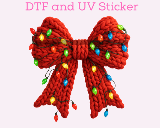 Faux Yarn with Lights Bow Christmas DTF TRANSFER or UV DTF STICKER DECAL