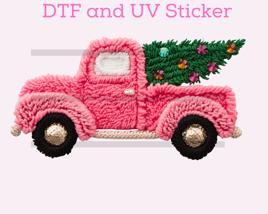 Faux Yarn Pink Truck with Tree Christmas DTF TRANSFER