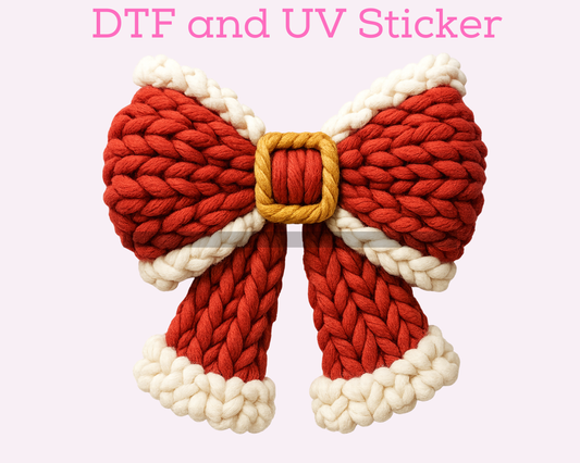 Faux Yarn Santa Bow Christmas DTF TRANSFER or UV DTF STICKER DECAL