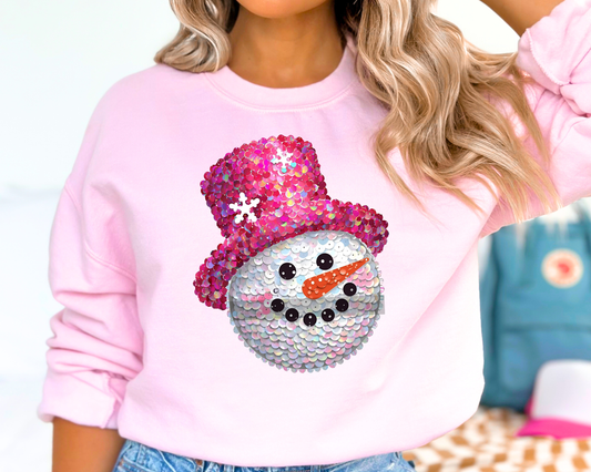 Pink Hat Snowman Face Sequins Faux Texture DTF TRANSFER