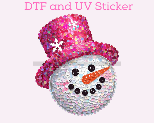 Pink Hat Snowman Face Sequins Faux Texture DTF TRANSFER